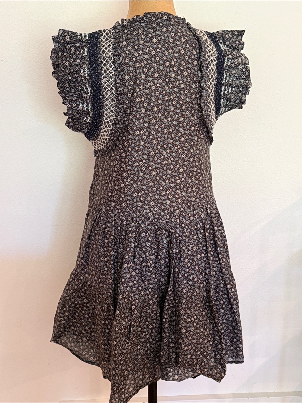 Sea New York sz XS Navy Blue Floral Ruffle-Sleeve Mini Dress 17”x33” great cond - Picture 7 of 11